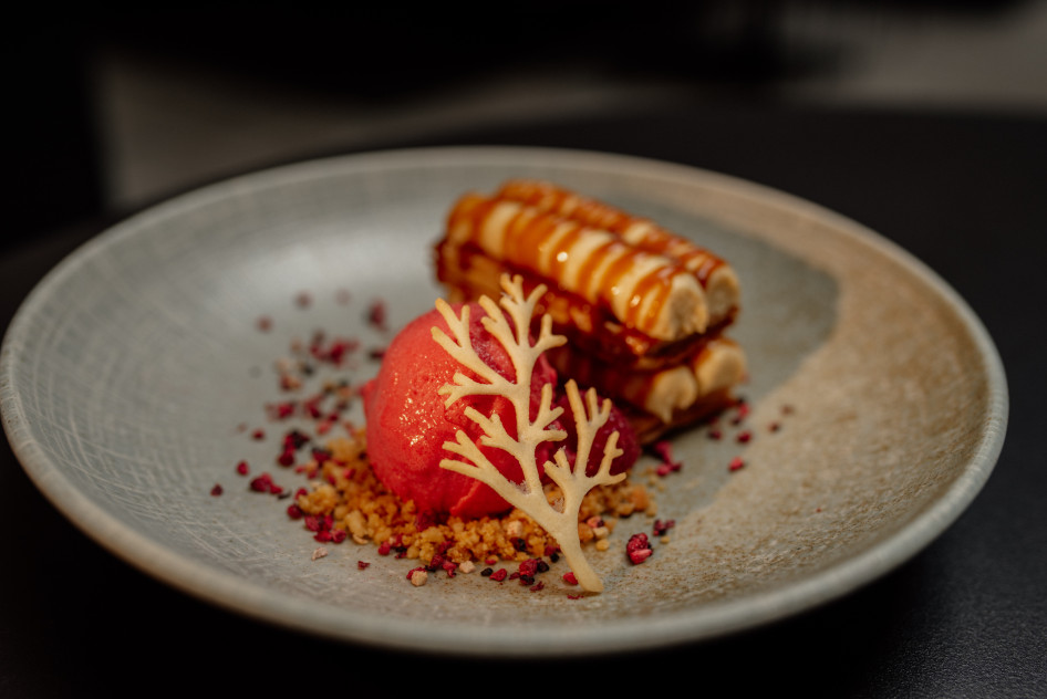 A mandulás mille-feuille málnasorbettel