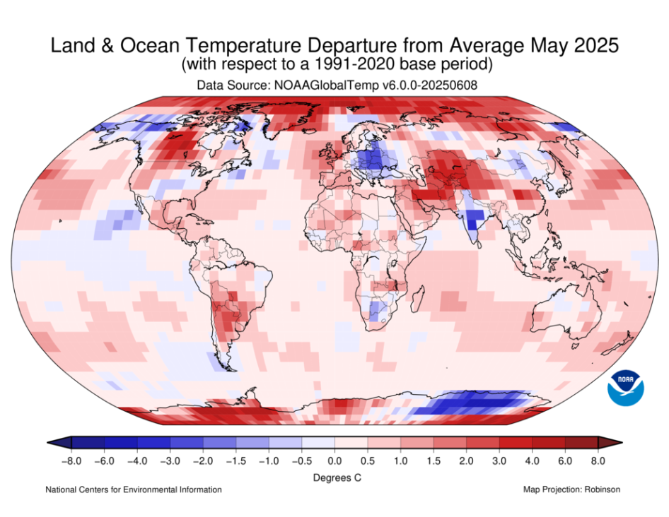 Hőmérsékleti eltérés 2025 májusában az 1991-2020-as klímaátlaghoz képest. Adatok forrása: NOAA