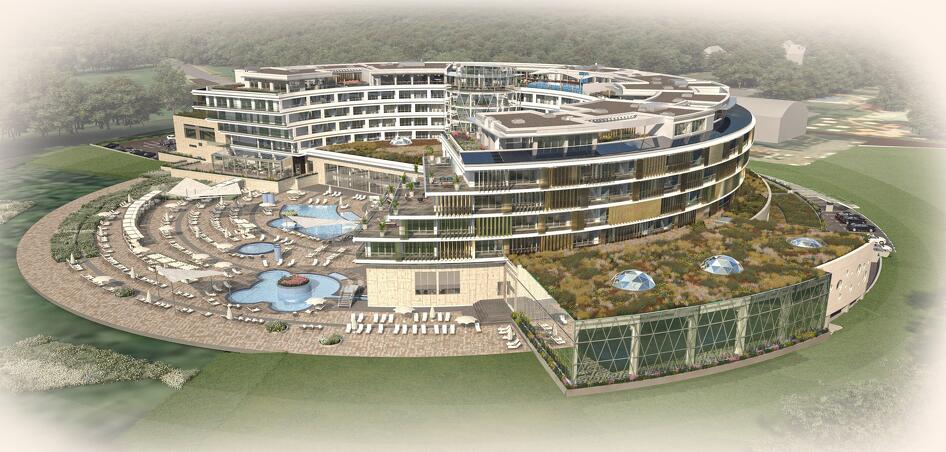 A hatszintes komplexumban három hatalmas szaunavilág, balinéz-, privát- és kids spa, hamam kap helyet