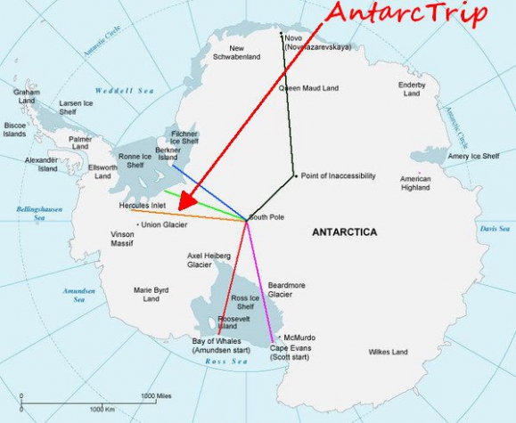 A nyíllal jelölt narancssárga vonal lesz az AntarcTrip útvonala