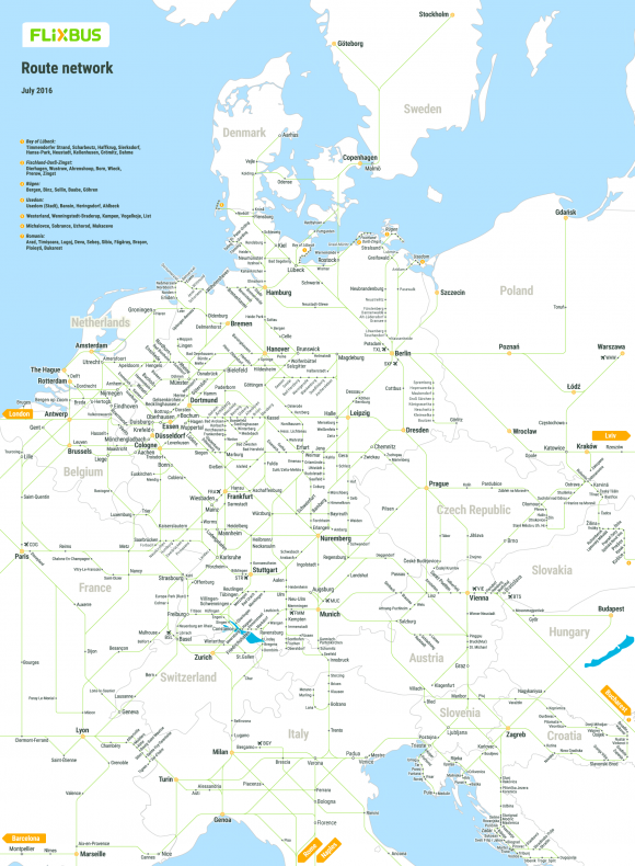 A FlixBus járathálózata - a mosonmagyaróvári járat még csak tervben van (kattintson a képre a nagyításért!)